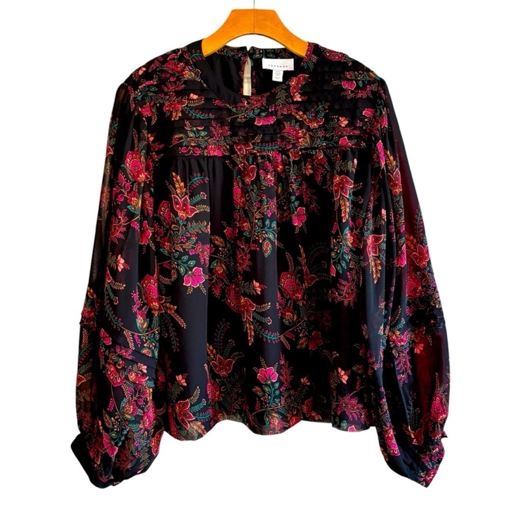 TopShop Anthropologie sheer sleeves boho top black print like new 8 Small